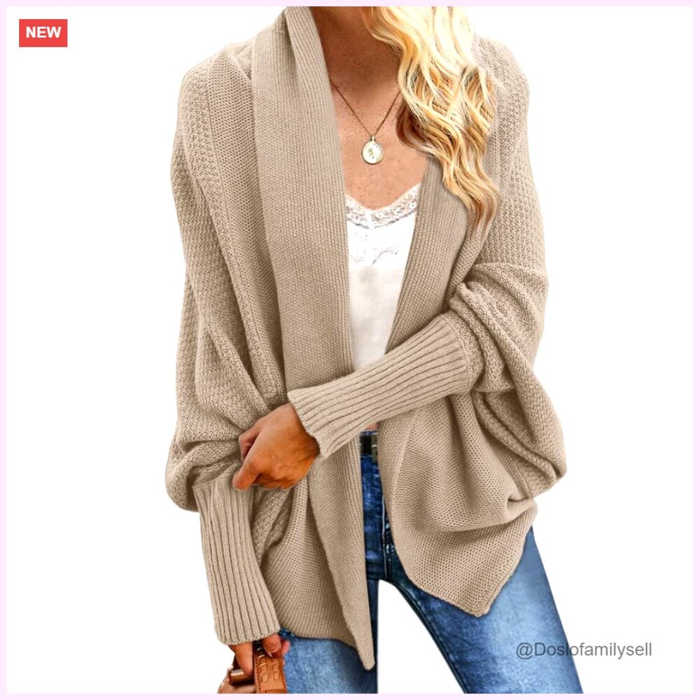 Oversized Cable Knit Cardigan Sweater Batwing Sleeves Chunky Knit Open Front